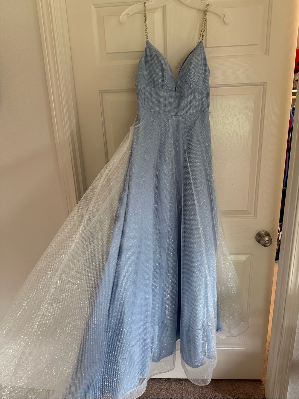 City Triangles Light Blue Glitter Evening Dress with Jeweled Straps